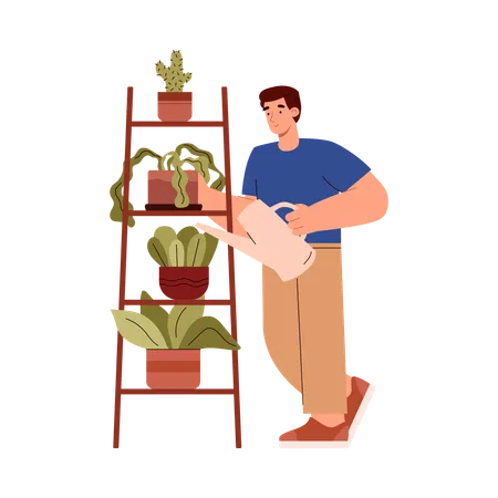 Hombre feliz regando plantas  Ilustración