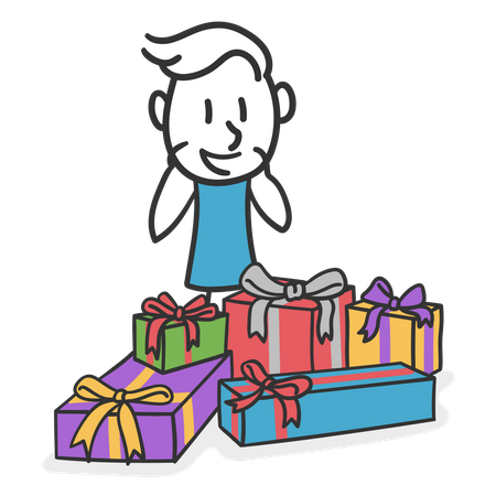 Hombre feliz rodeado de regalos  Ilustración