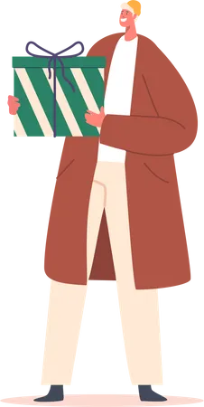 Hombre feliz sosteniendo una gran caja de regalo  Ilustración