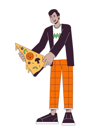 Hombre feliz sosteniendo una porción de pizza  Ilustración