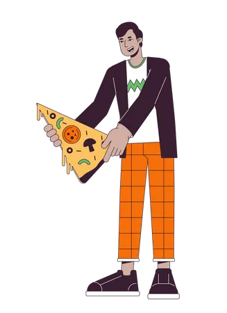 Hombre feliz sosteniendo una porción de pizza  Ilustración