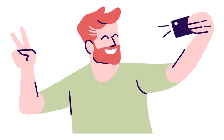 Ilustracion De Vector Plano De Pose Selfie Hombre Feliz Tomandose Una Foto Un Tipo Sonriente Mostrando El Signo V Para Un Retrato En La Camara Del Telefono Inteligente Fotografia De Telefono Movil Personaje De Dibujos Animados Aislado Sobre Fondo Gris Ilustración