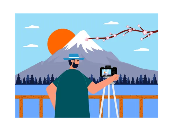 Un hombre graba un vídeo del monte Fuji  Ilustración
