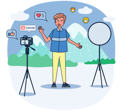 Hombre filmando vlog al aire libre  Ilustración