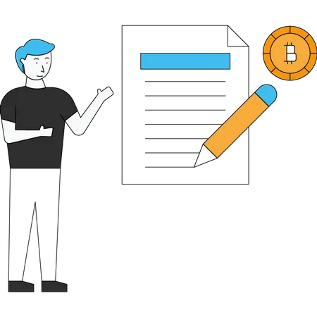 El hombre firma el documento Bitcoin  Ilustración