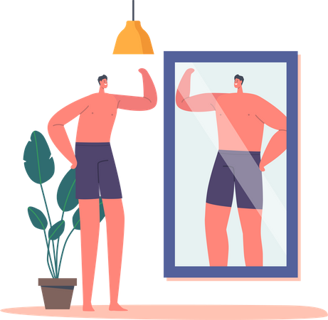 Hombre flaco mira el reflejo del espejo y sueña con ser fuerte  Ilustración