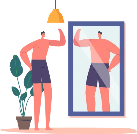 Hombre flaco mira el reflejo del espejo y sueña con ser fuerte  Ilustración