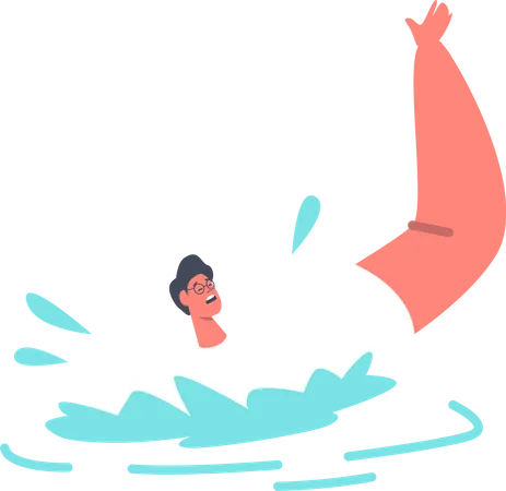 Hombre flotando en el agua pidiendo ayuda  Ilustración