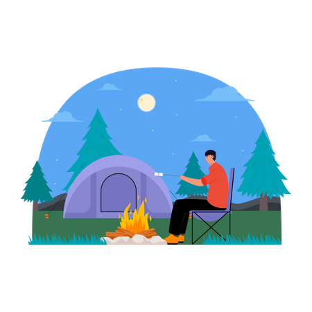 Hombre freír malvaviscos en camping  Ilustración