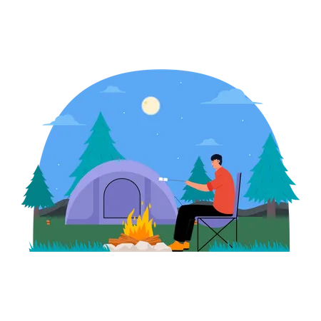 Hombre freír malvaviscos en camping  Ilustración