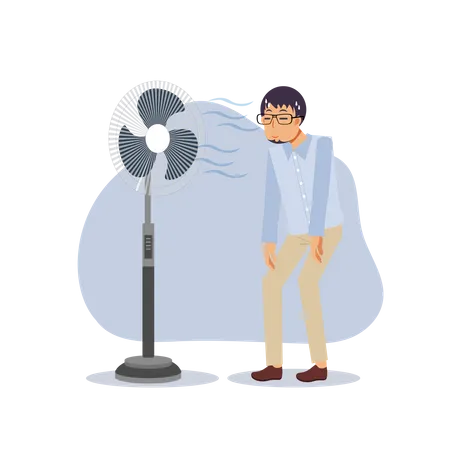 Hombre frente a un ventilador eléctrico en los calurosos días de verano  Ilustración