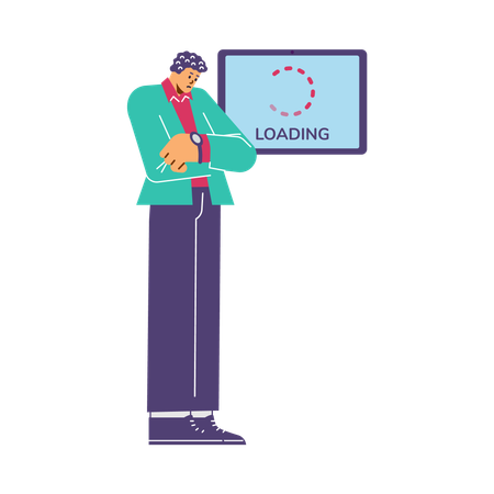 Hombre frustrado esperando a que se cargue la pantalla de la computadora  Ilustración
