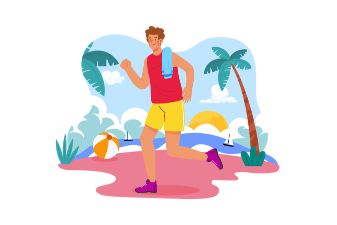 Hombre fuerte corriendo en una playa  Ilustración