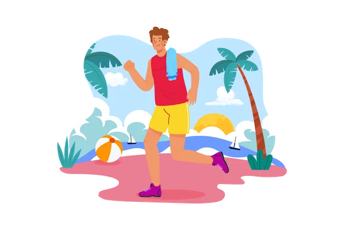 Hombre fuerte corriendo en una playa  Ilustración