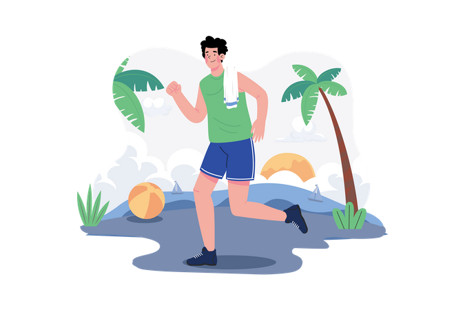 Hombre fuerte corriendo en una playa  Ilustración