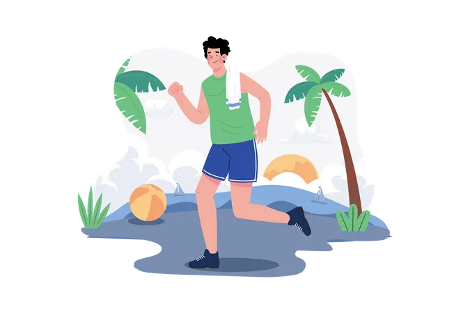 Hombre fuerte corriendo en una playa  Ilustración