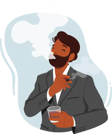 Hombre Inhalando Humo Tranquilamente Con Expresion Relajada En La Cara El Personaje Masculino Sostiene Un Cigarrillo Encendido Exhalando Humo Con Expresion Despreocupada Habitos No Saludables Adiccion Ilustracion De Vector De Personas De Dibujos Animados Ilustración