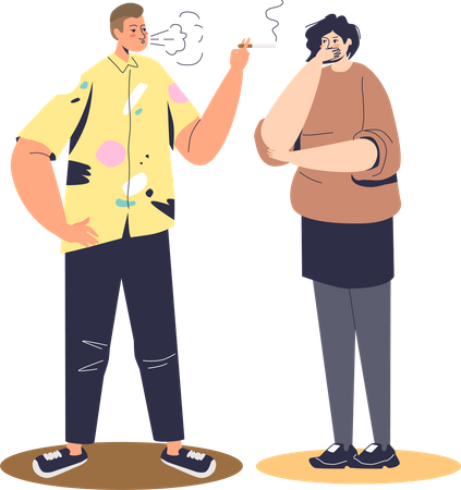 Hombre fumando cigarrillo mientras la mujer se cubre la cara  Ilustración