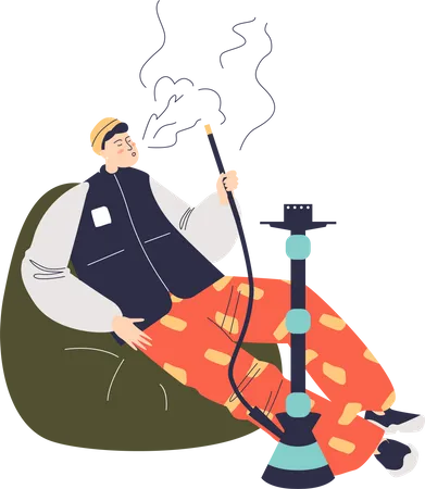 Un Joven Fumando Narguile O Shisha Sentado Relajado En Una Silla De Bolsa Un Hipster De Dibujos Animados Relajado Disfruta Del Humo De La Cachimba Ilustracion De Vector Plano Ilustración