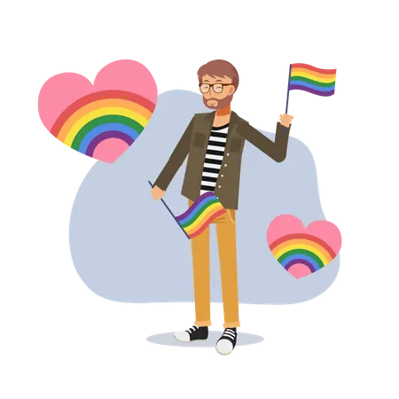 Un Hombre Sostiene Carteles Con El Arco Iris Lgbt Y La Bandera Transgenero Celebra El Mes Del Orgullo Y Los Derechos Humanos Igualdad Y Homosexualidad Ilustracion De Personaje De Dibujos Animados De Vector Plano Ilustración