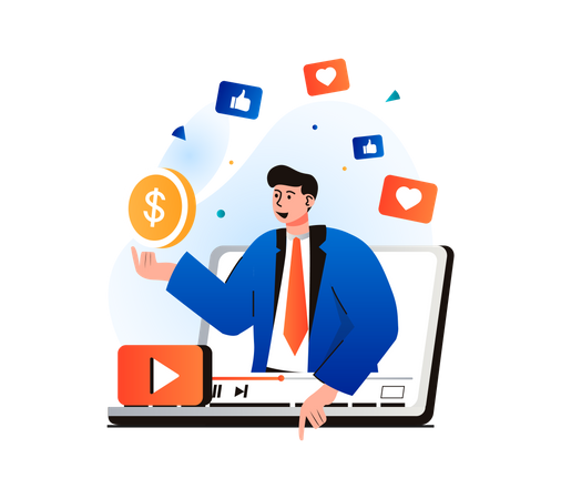 Hombre generando ingresos desde la plataforma de vídeo en línea  Ilustración