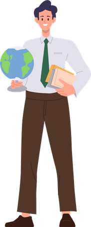 Hombre personaje de profesor de geografía sosteniendo globo terráqueo y libros de pie  Ilustración