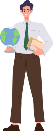 Hombre personaje de profesor de geografía sosteniendo globo terráqueo y libros de pie  Ilustración