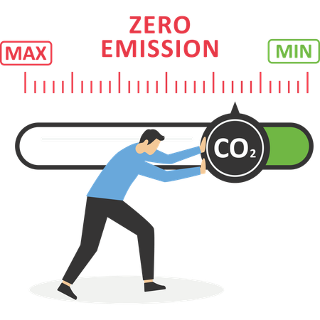 Hombre girando el puntero de la flecha del indicador al nivel más bajo de CO2  Ilustración