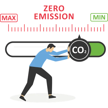 Hombre girando el puntero de la flecha del indicador al nivel más bajo de CO2  Ilustración