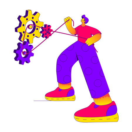 Hombre haciendo girar ruedas dentadas  Ilustración