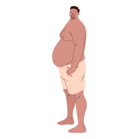 Hombre gordito vestido con boxers posando de lado  Ilustración