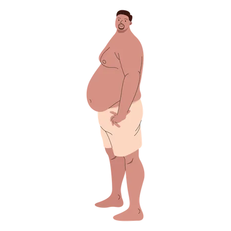 Hombre gordito vestido con boxers posando de lado  Ilustración