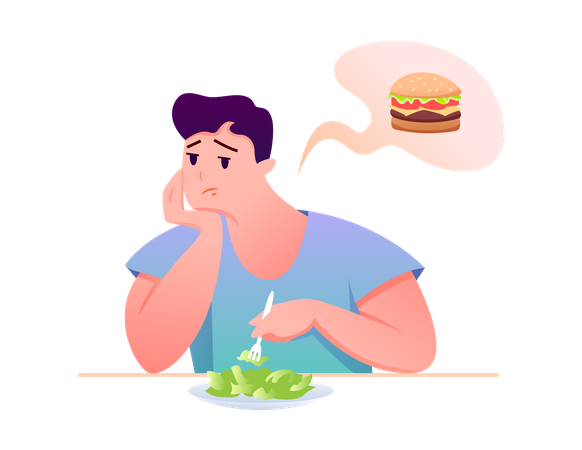 Hombre gordo comiendo comida sana  Ilustración
