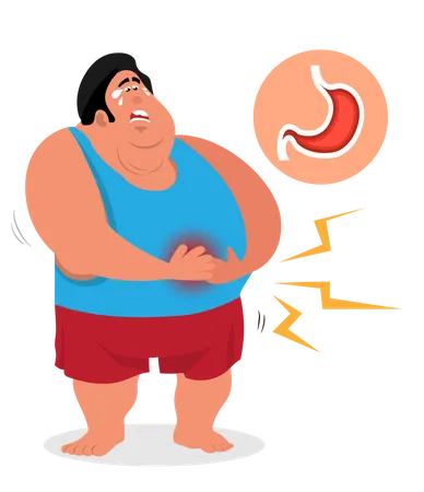Hombre gordo con dolor de estómago gastritis enfermedad gastrointestinal debido a no comer alimentos a tiempo  Ilustración