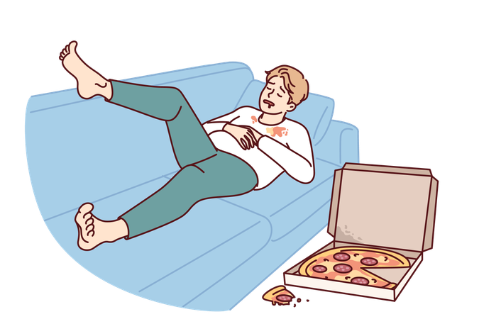 Hombre gordo feo durmiendo en el sofá cerca de la caja de pizza  Ilustración