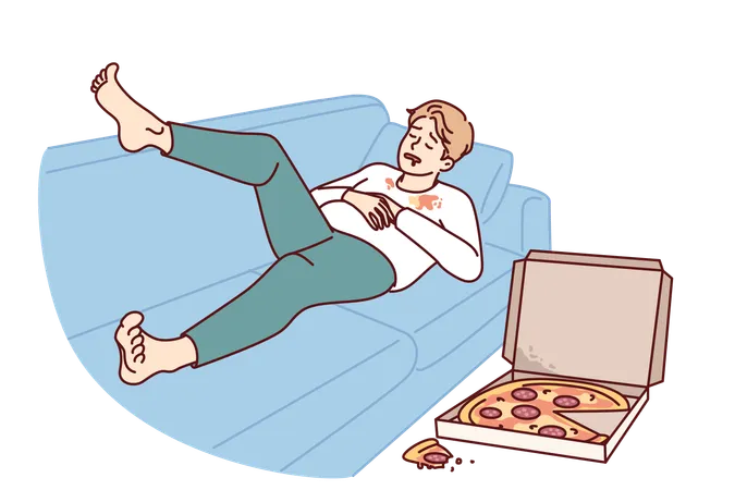 Hombre gordo feo durmiendo en el sofá cerca de la caja de pizza  Ilustración