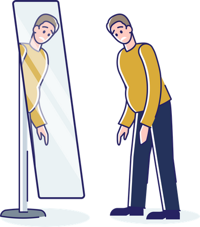 Hombre gordo mirándose en el espejo  Ilustración