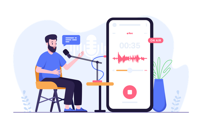 Hombre grabando audio de podcast a través del móvil  Illustration
