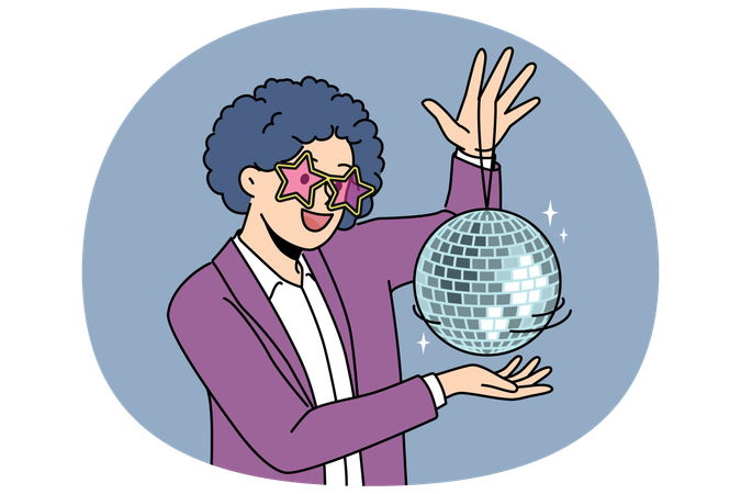 Un hombre divertido con una bola de discoteca y una peluca rizada en la cabeza vino a la pista de baile para divertirse.  Ilustración