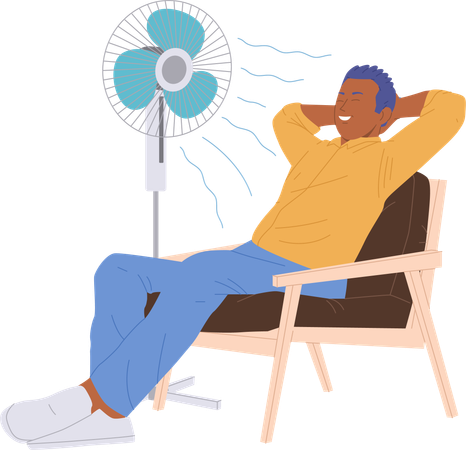 Hombre guapo y relajado refrescándose con el soplo del ventilador sentado en un sillón  Ilustración