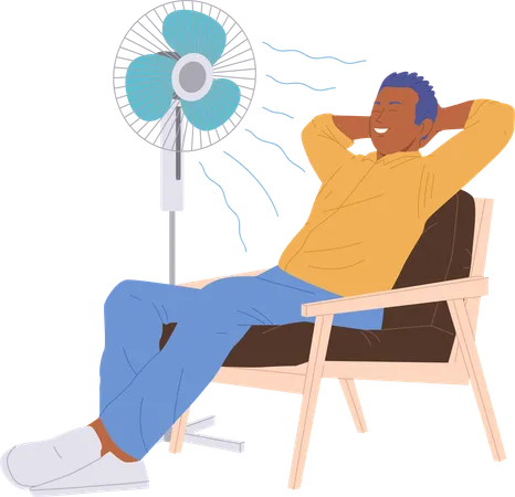 Hombre guapo y relajado refrescándose con el soplo del ventilador sentado en un sillón  Ilustración