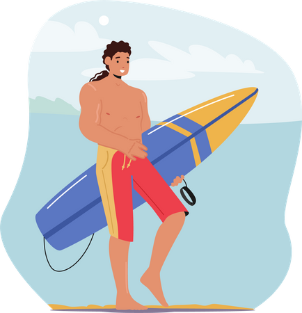 Hombre guapo yendo a surfear  Ilustración