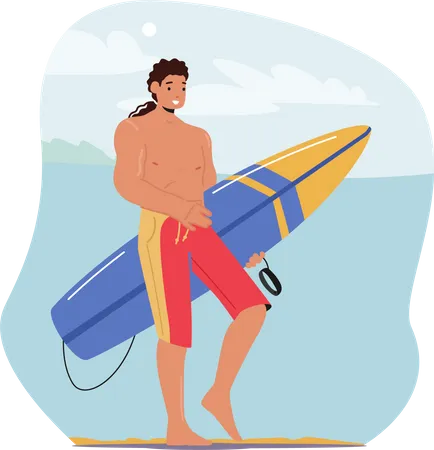 Hombre guapo yendo a surfear  Ilustración