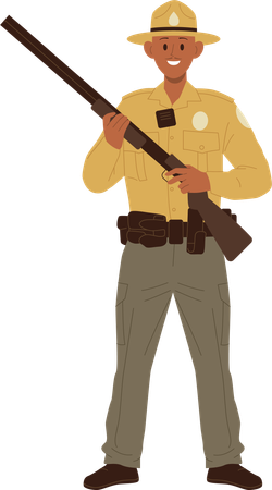 Hombre guardabosques de pie con rifle  Ilustración