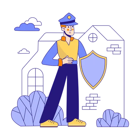 Guardia de seguridad masculino manteniendo la casa segura  Ilustración
