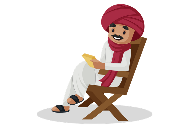 El hombre gujarati está sentado en una silla y leyendo un libro  Ilustración