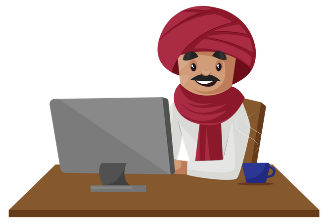 Hombre gujarati trabajando en la computadora  Ilustración