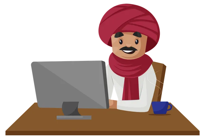 Hombre gujarati trabajando en la computadora  Ilustración