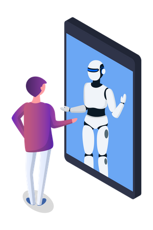 Hombre hablando con un chatbot en línea  Ilustración