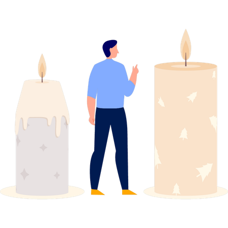 Hombre hablando sobre velas decorativas de aromaterapia.  Ilustración